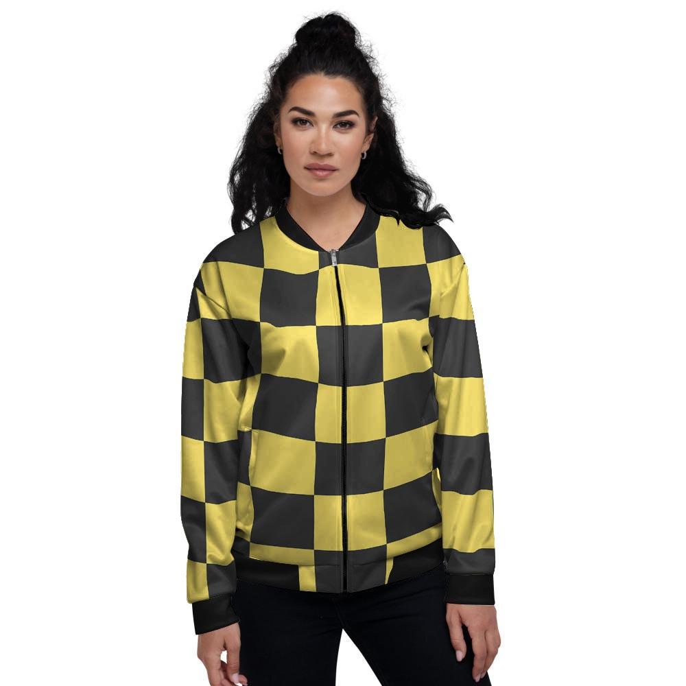 Yellow Checkered Print Women's Bomber Jacket-grizzshop