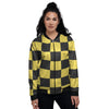 Yellow Checkered Print Women's Bomber Jacket-grizzshop