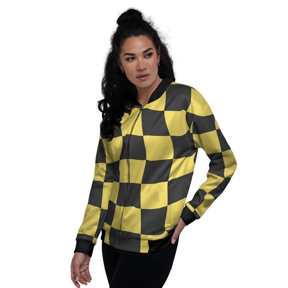 Yellow Checkered Print Women's Bomber Jacket-grizzshop