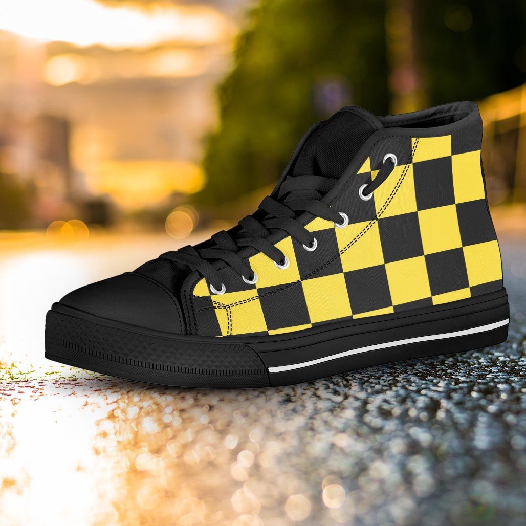 Yellow Checkered Print Women's High Top Shoes-grizzshop