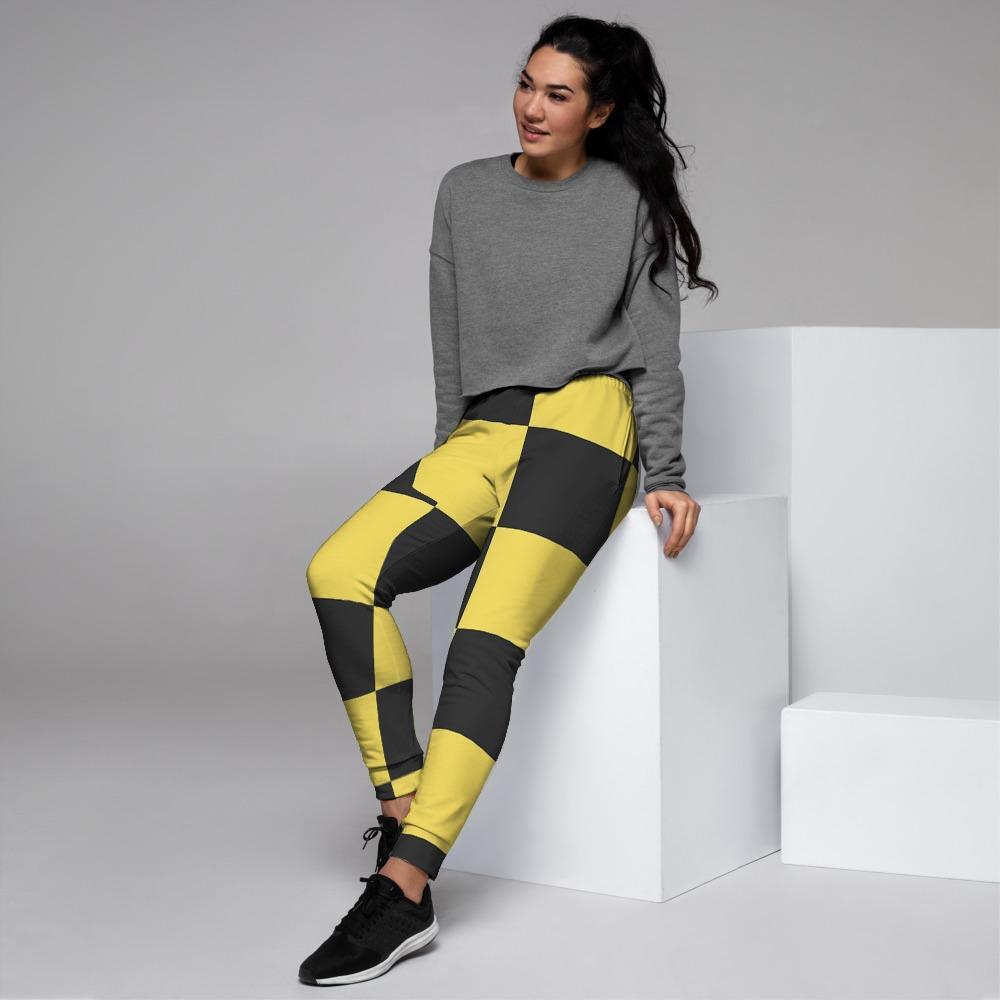 Yellow Checkered Print Women's Joggers-grizzshop