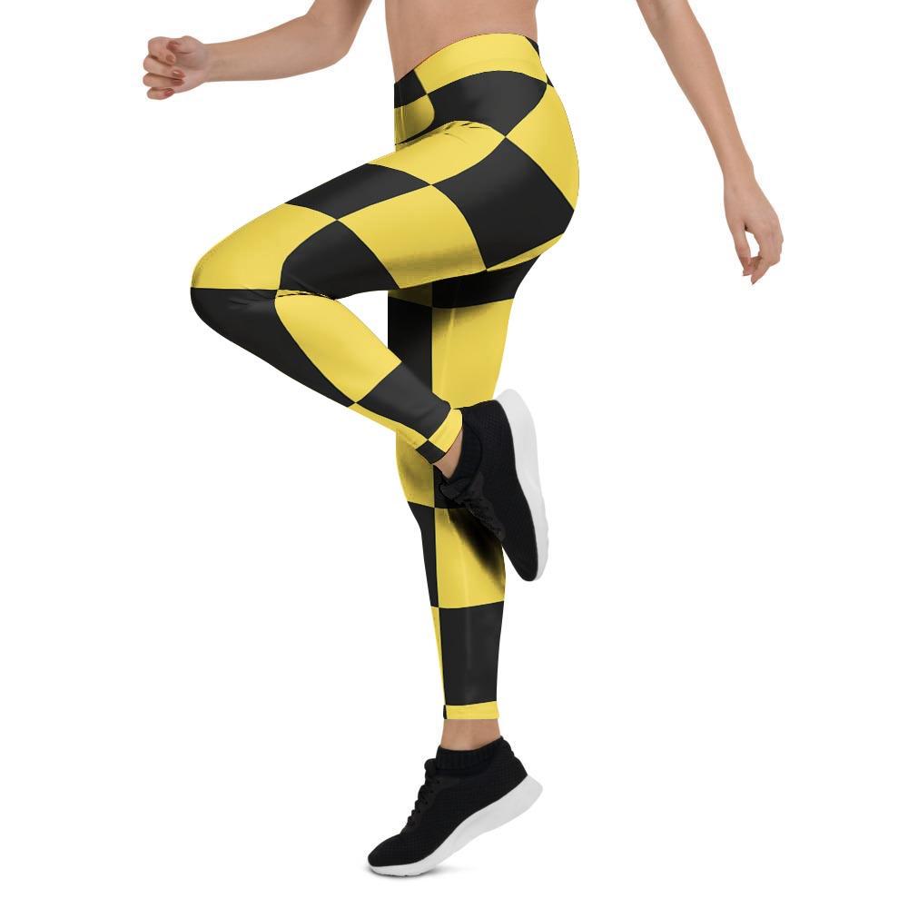 Yellow Checkered Print Women's Leggings-grizzshop