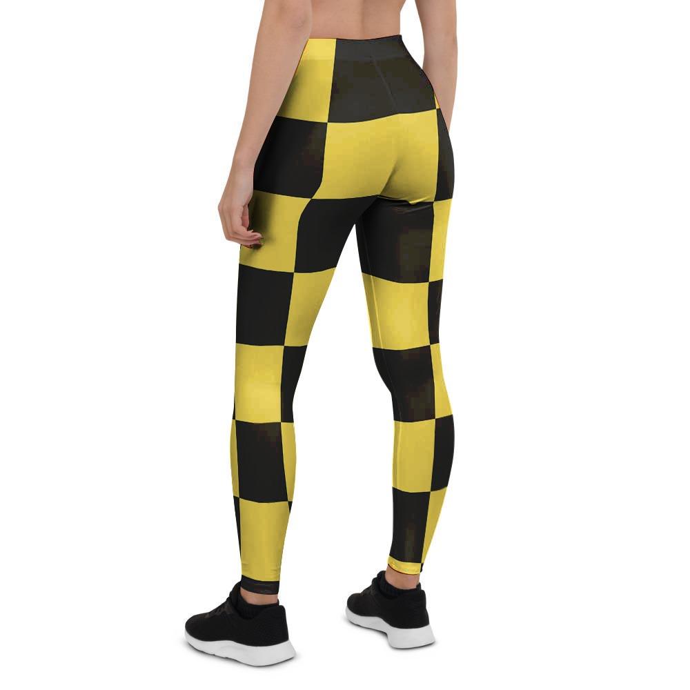 Yellow Checkered Print Women's Leggings-grizzshop