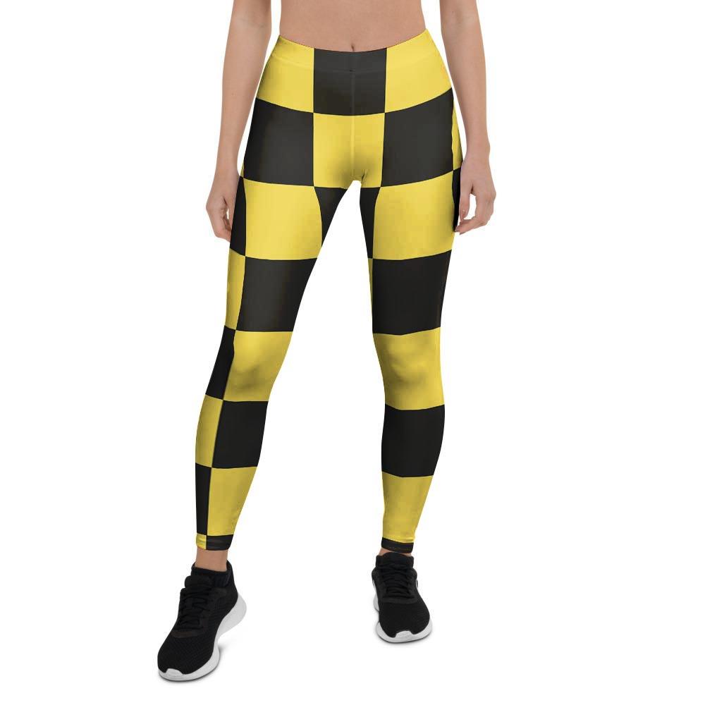 Yellow Checkered Print Women's Leggings-grizzshop