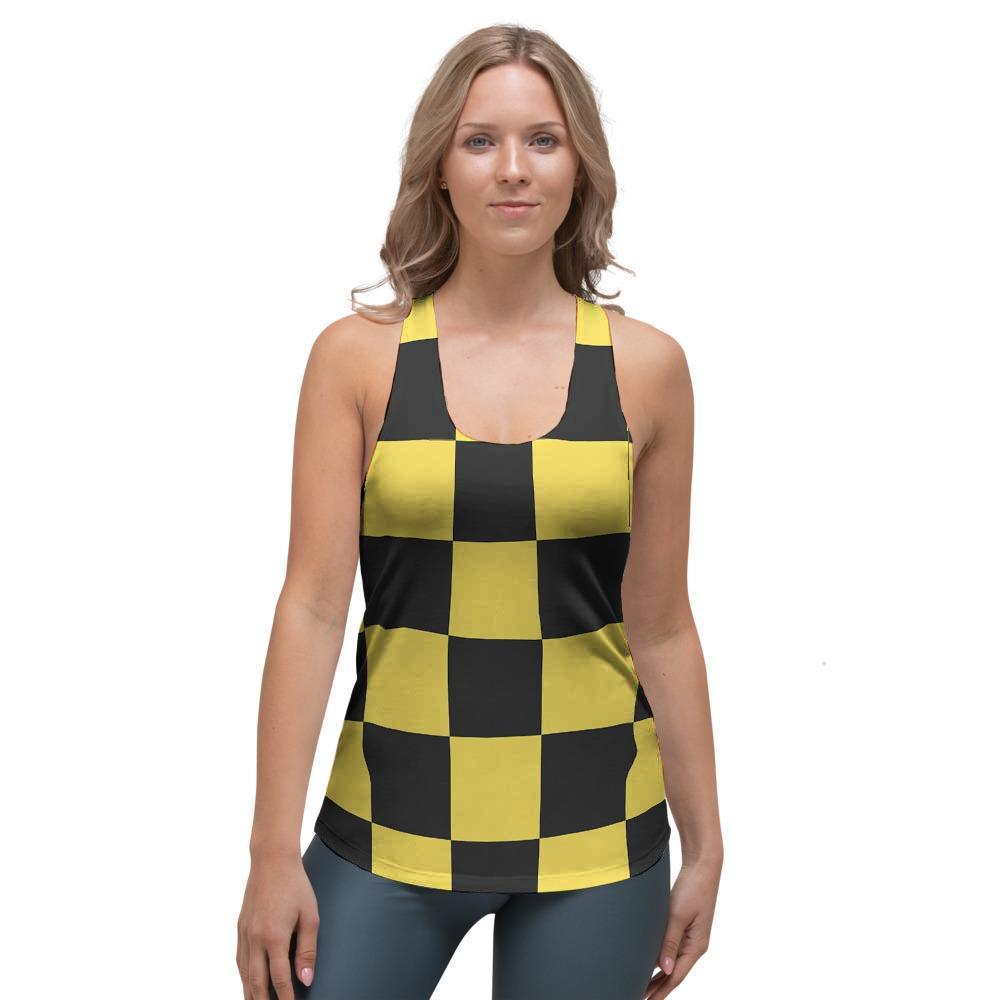Yellow Checkered Print Women's Racerback Tank Top-grizzshop