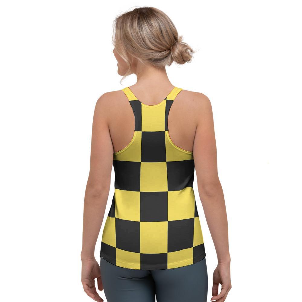 Yellow Checkered Print Women's Racerback Tank Top-grizzshop
