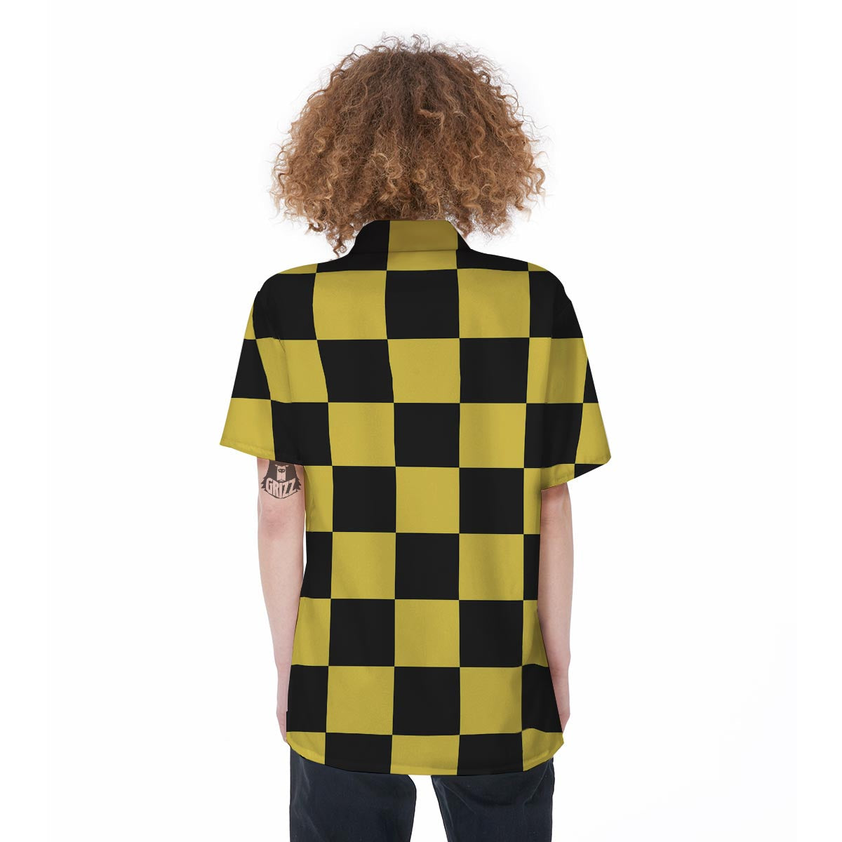 Yellow Checkered Print Women's Short Sleeve Shirts-grizzshop