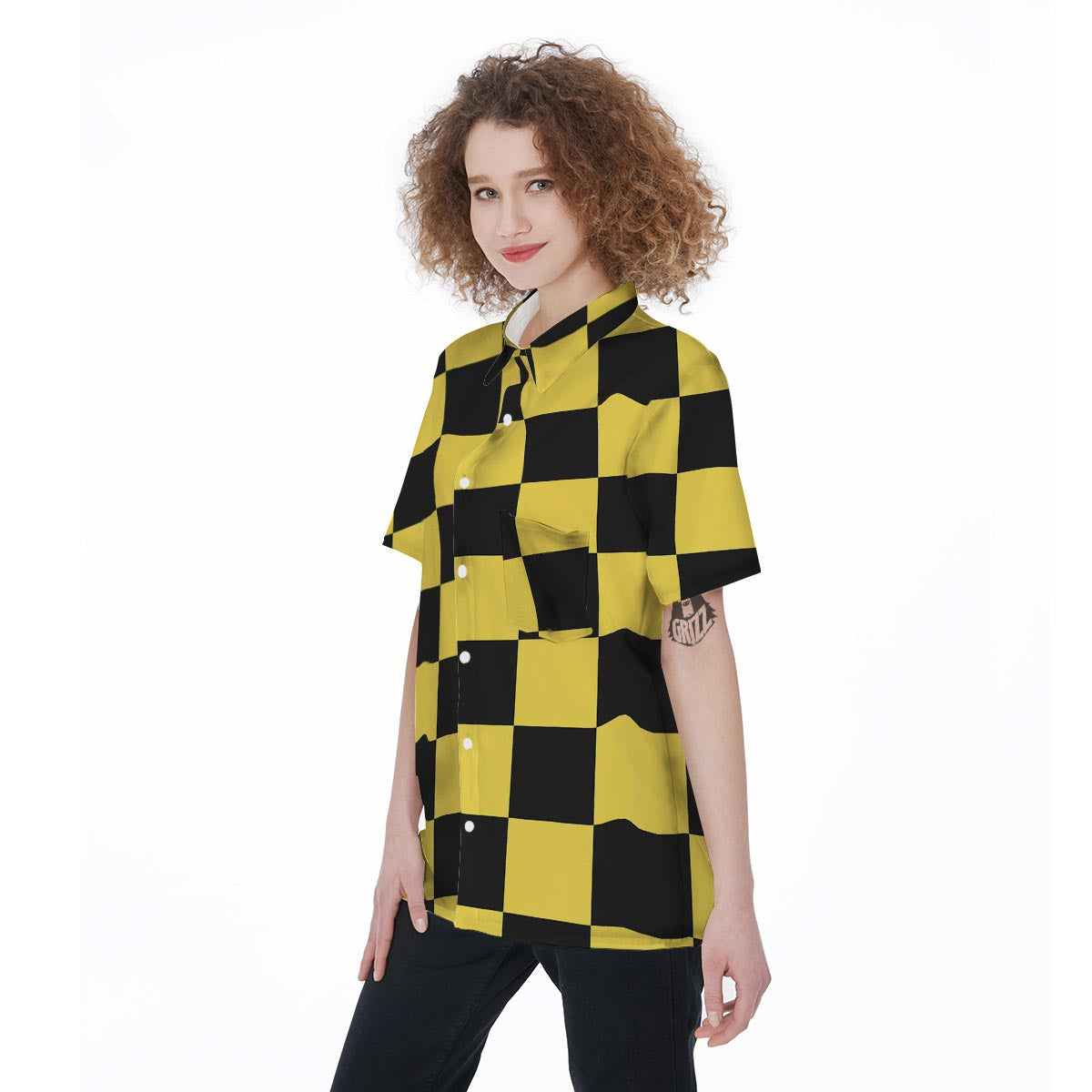 Yellow Checkered Print Women's Short Sleeve Shirts-grizzshop