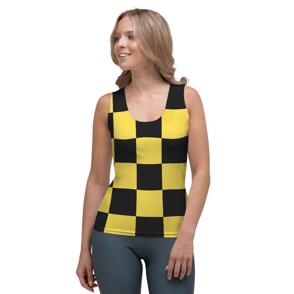 Yellow Checkered Print Women's Tank Top-grizzshop