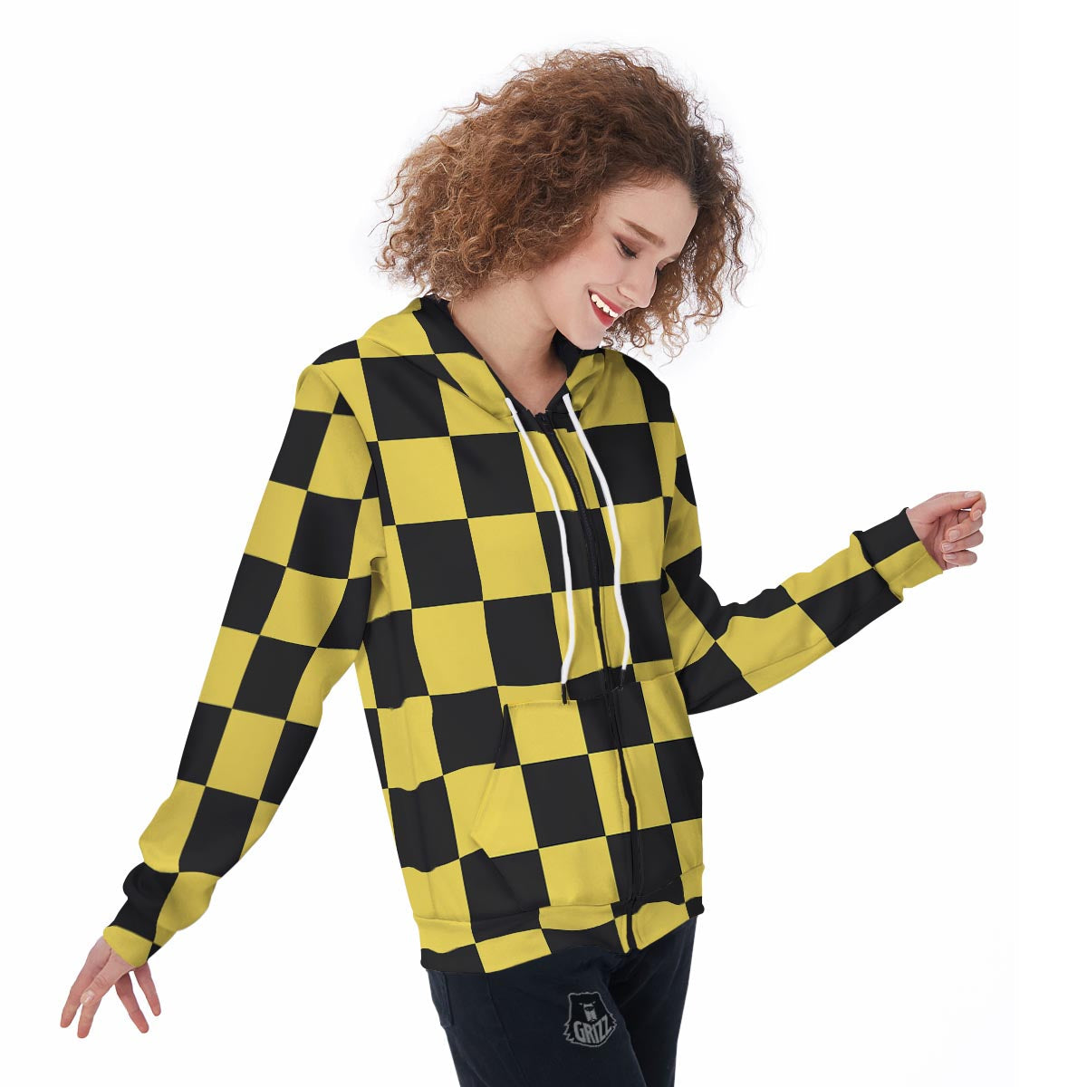 Yellow Checkered Print Women's Zip Up Hoodie-grizzshop