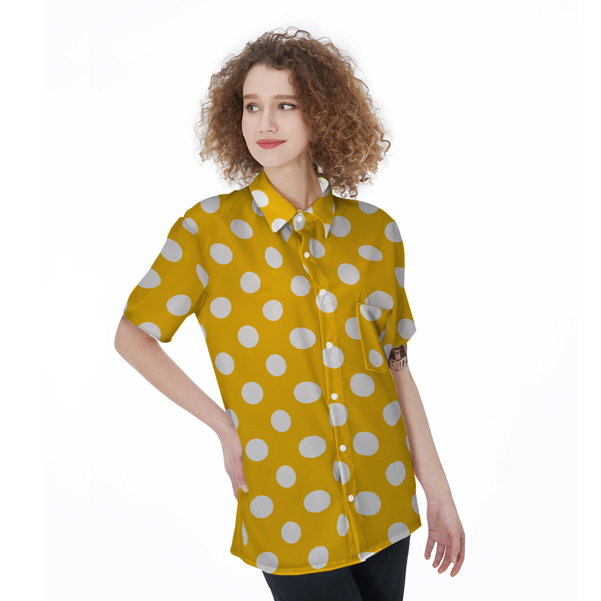Yellow Color Polka Dot Print Pattern Women's Short Sleeve Shirts-grizzshop