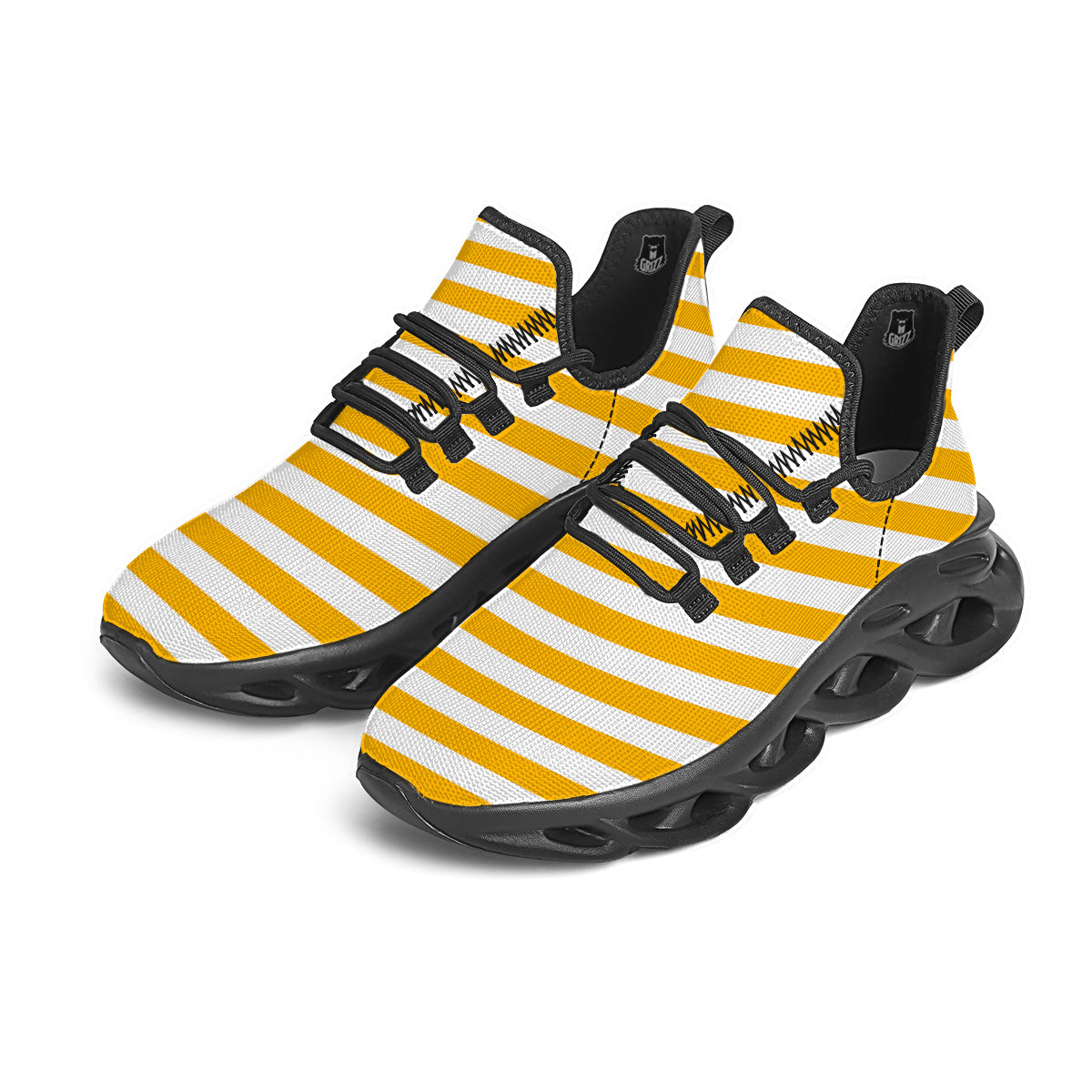 Yellow Color Striped Print Black Running Shoes-grizzshop