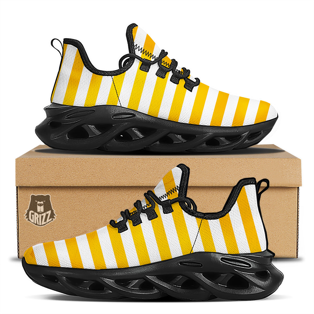 Yellow Color Striped Print Black Running Shoes-grizzshop