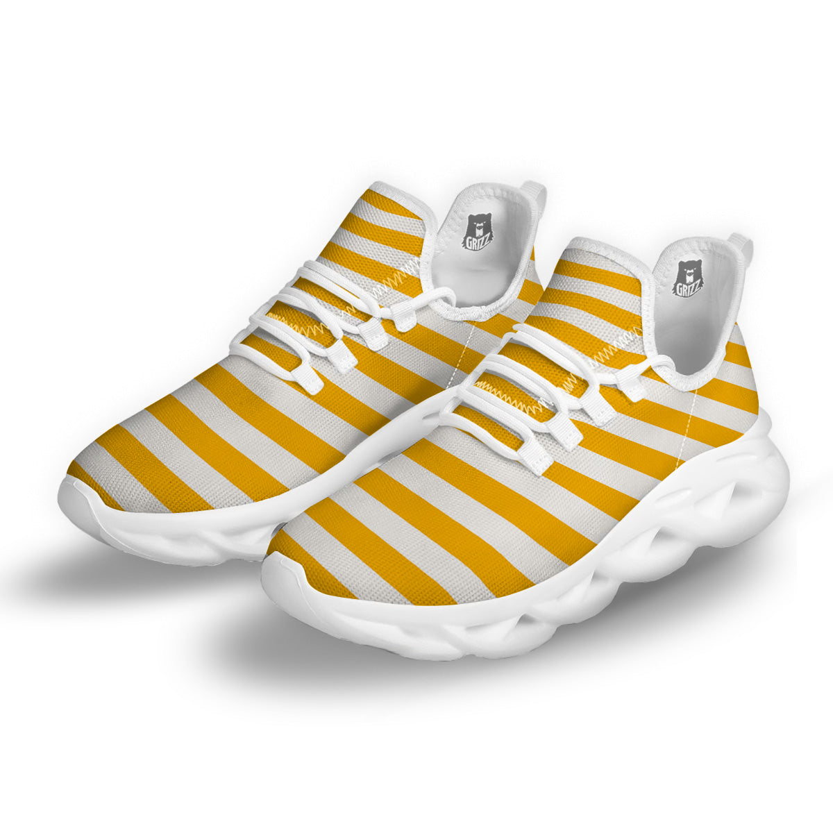Yellow Color Striped Print White Running Shoes-grizzshop