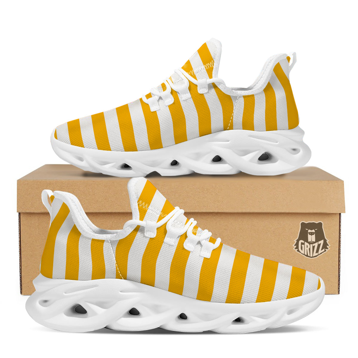 Yellow Color Striped Print White Running Shoes-grizzshop