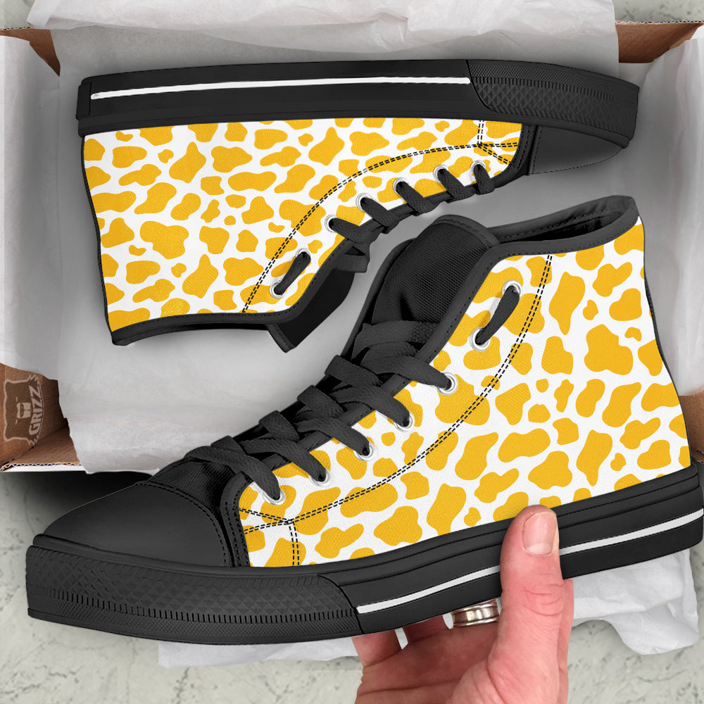 Yellow Cow Print Pattern Black High Top Shoes-grizzshop