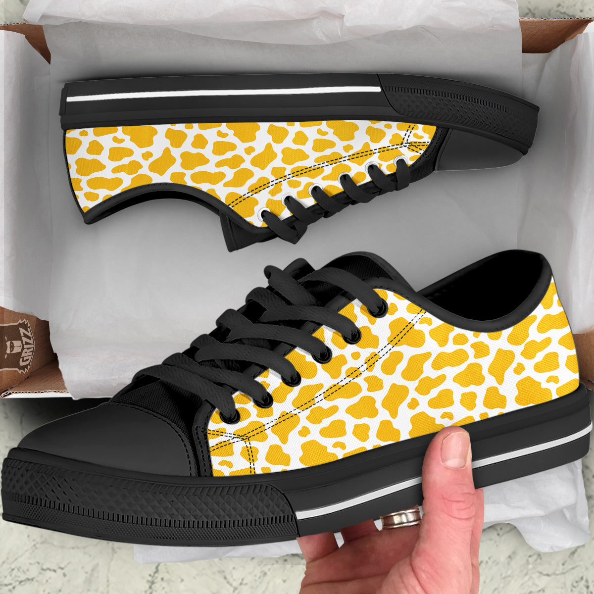Yellow Cow Print Pattern Black Low Top Shoes-grizzshop