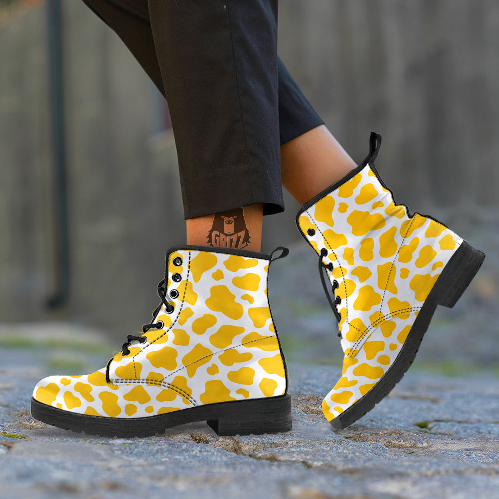 Yellow Cow Print Pattern Leather Boots-grizzshop
