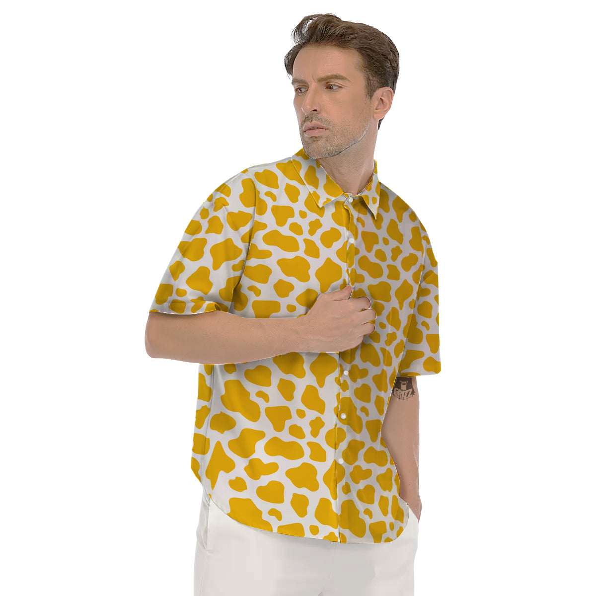 Yellow Cow Print Pattern Men's Short Sleeve Shirts-grizzshop