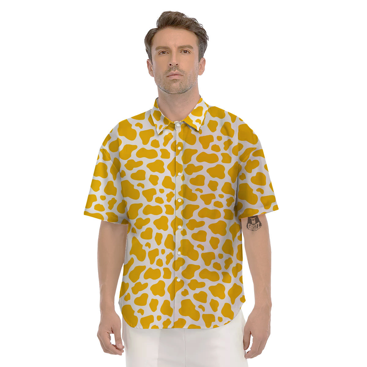 Yellow Cow Print Pattern Men's Short Sleeve Shirts-grizzshop