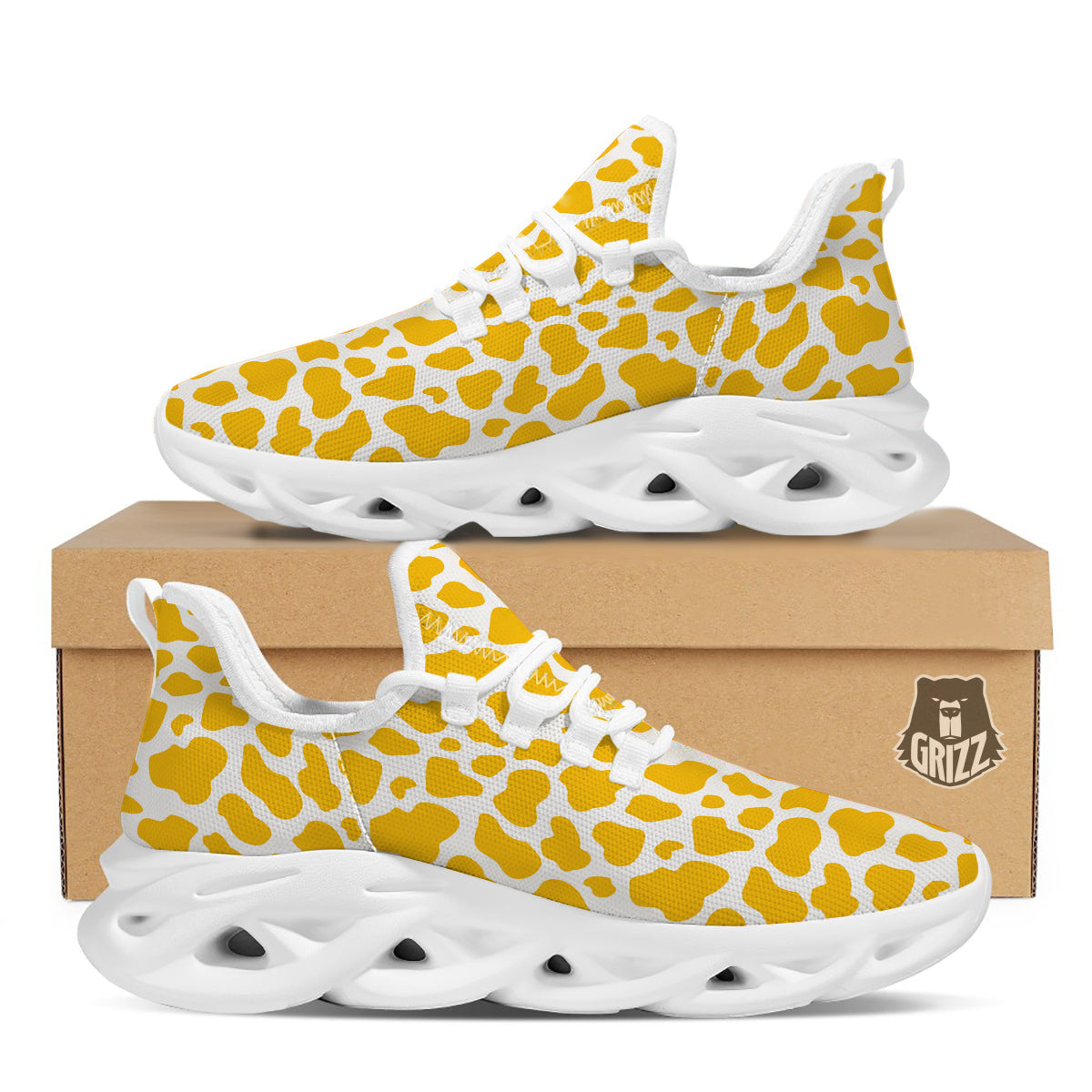 Yellow Cow Print Pattern White Running Shoes-grizzshop