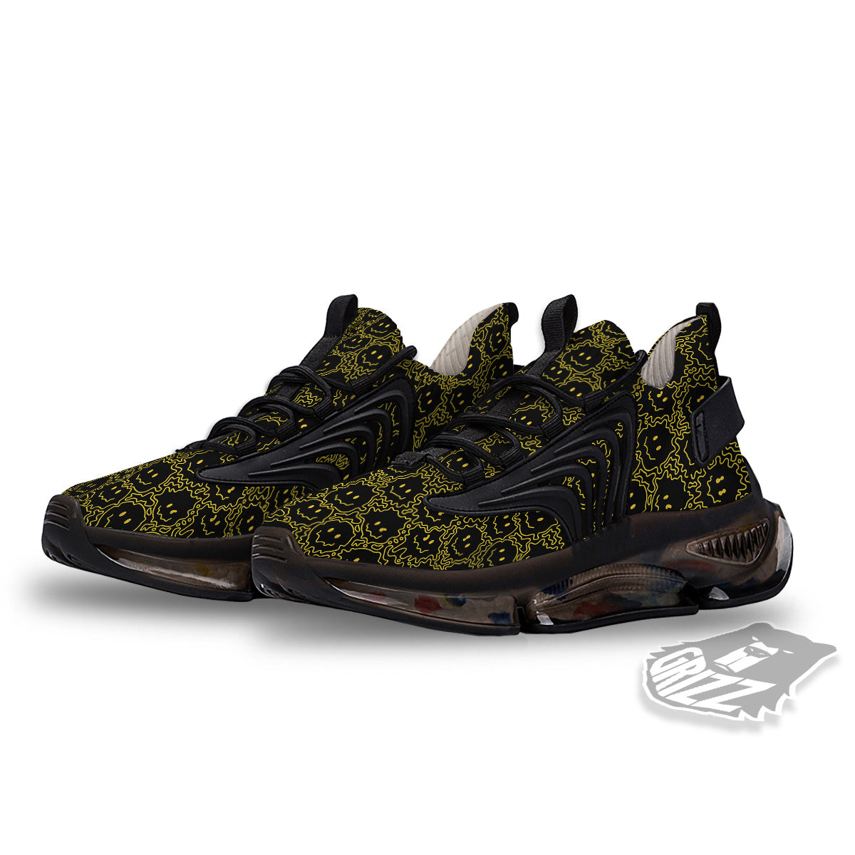 Yellow Crazy Emoji Print Pattern Black Gym Shoes-grizzshop