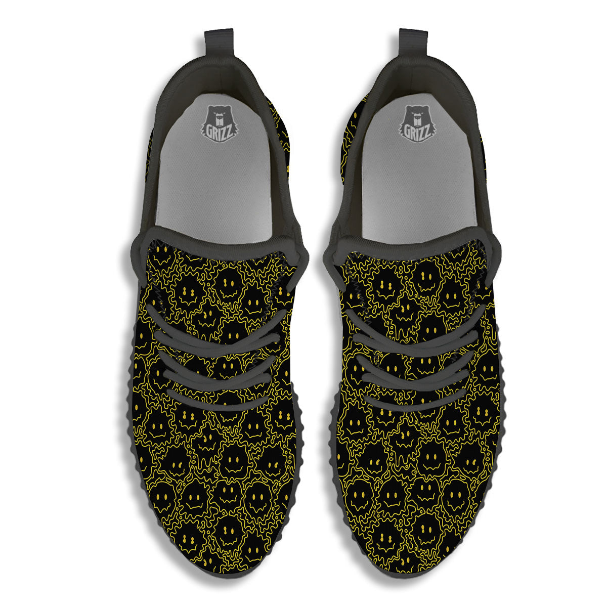 Yellow Crazy Emoji Print Pattern Black Walking Shoes-grizzshop