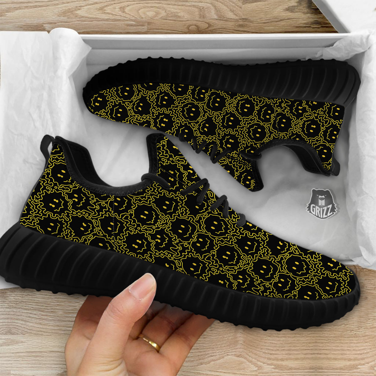 Yellow Crazy Emoji Print Pattern Black Walking Shoes-grizzshop