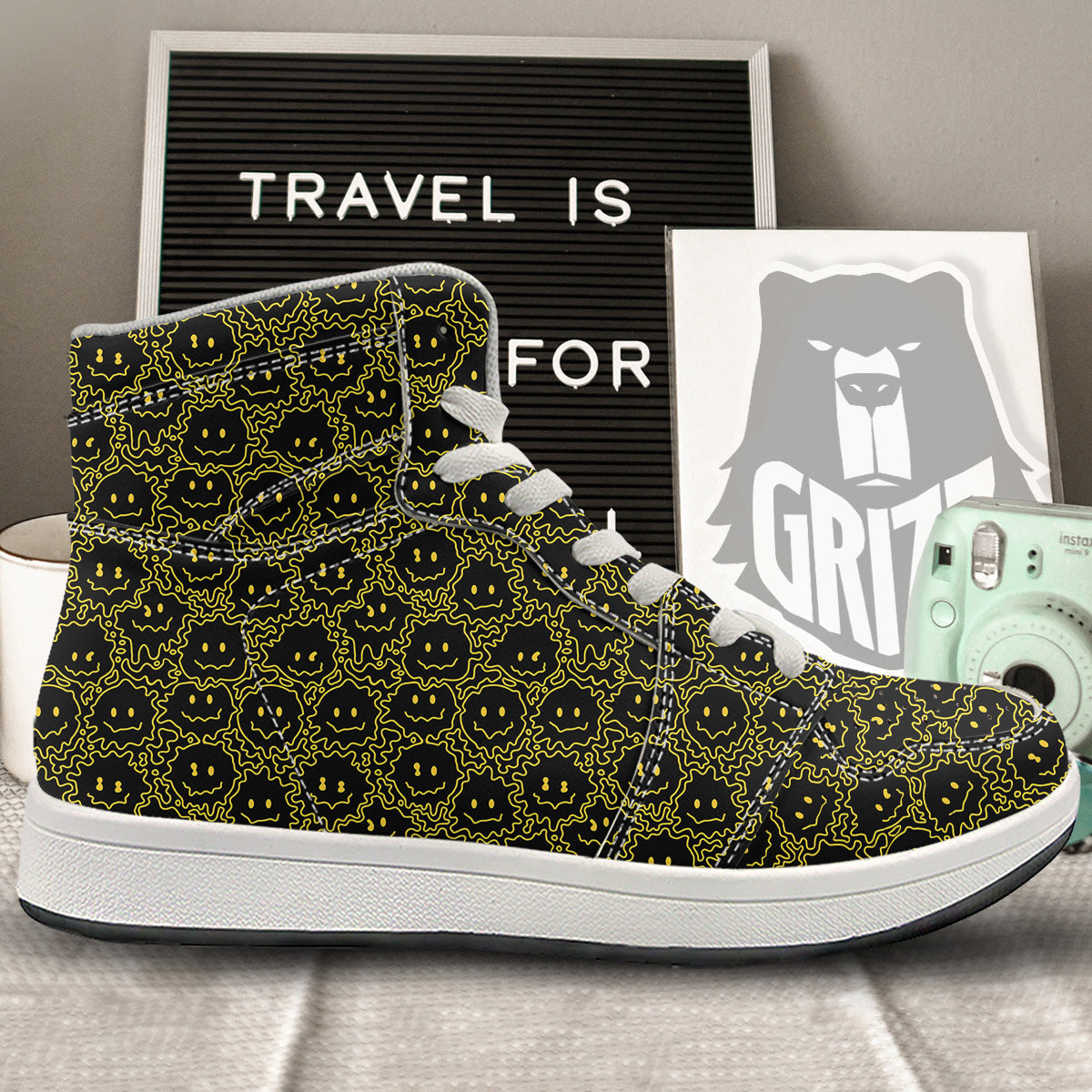 Yellow Crazy Emoji Print Pattern High Top Sneakers-grizzshop