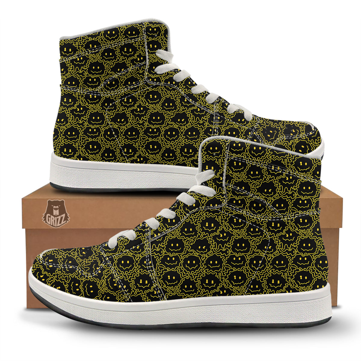 Yellow Crazy Emoji Print Pattern High Top Sneakers-grizzshop