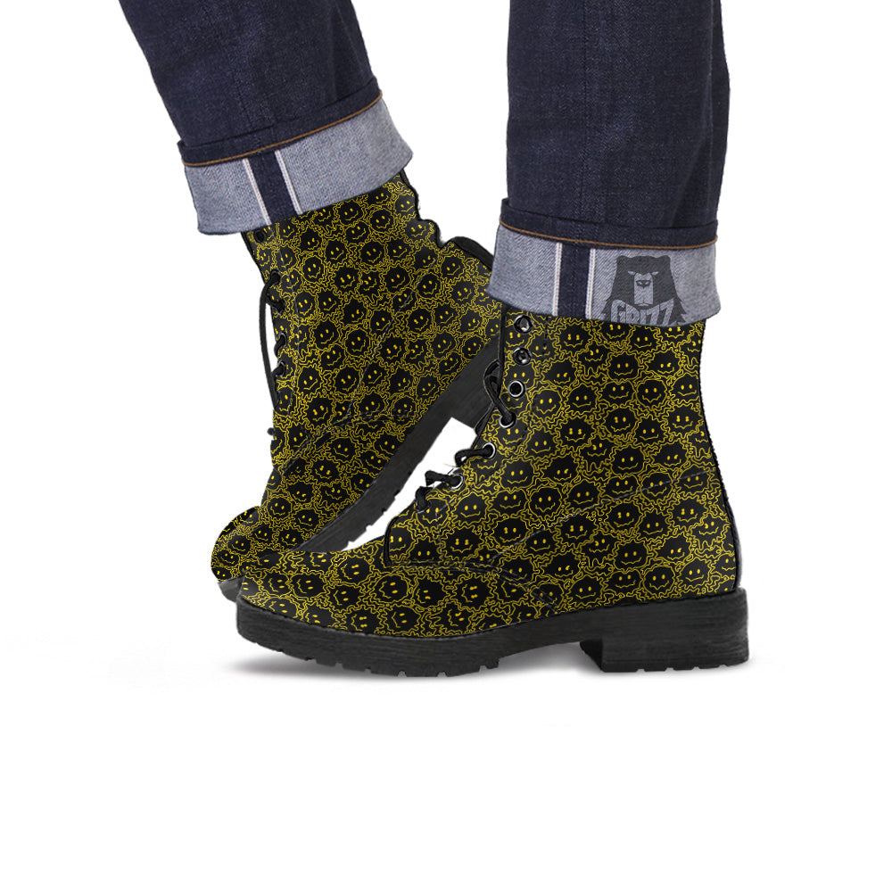 Yellow Crazy Emoji Print Pattern Leather Boots-grizzshop