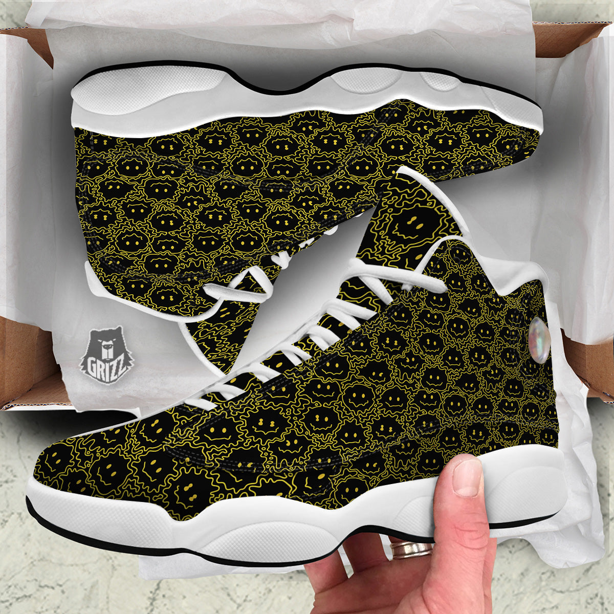Yellow Crazy Emoji Print Pattern White Basketball Shoes-grizzshop
