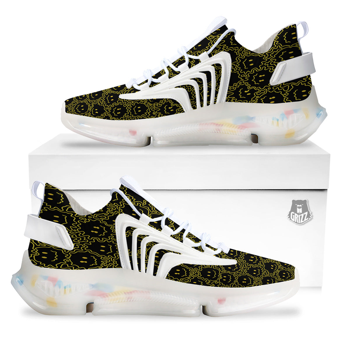 Yellow Crazy Emoji Print Pattern White Gym Shoes-grizzshop