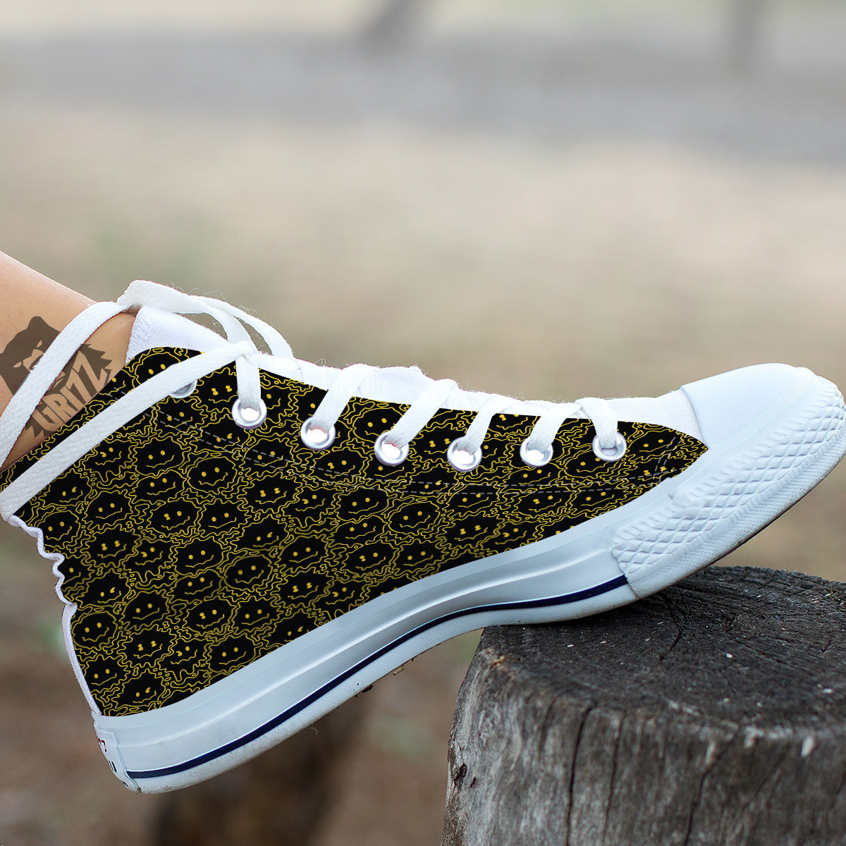 Yellow Crazy Emoji Print Pattern White High Top Shoes-grizzshop