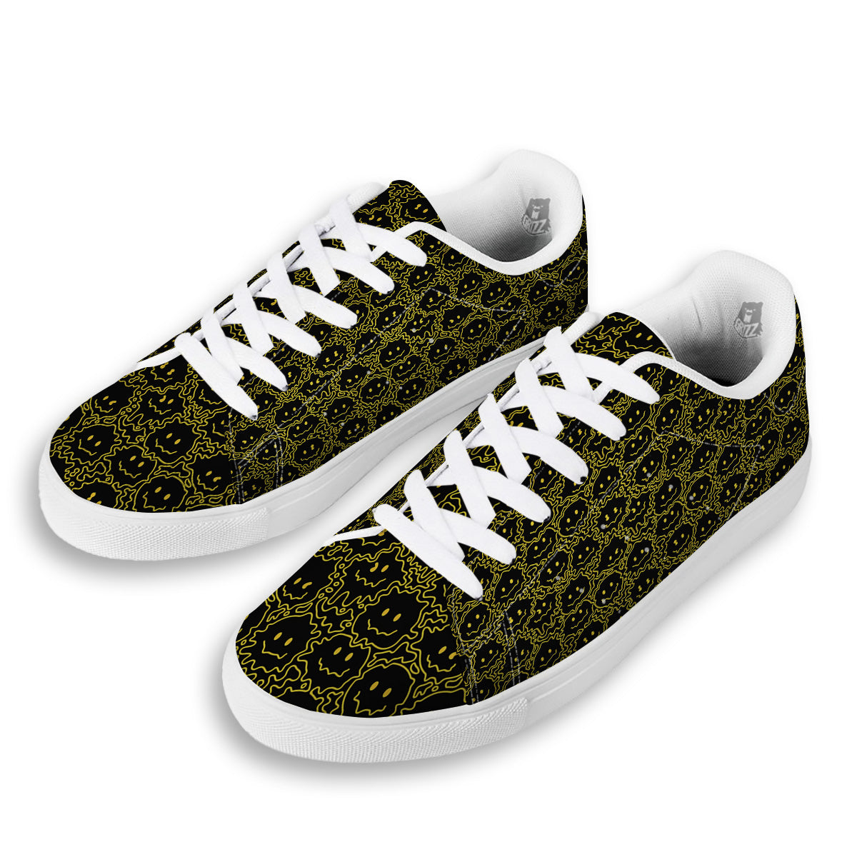 Yellow Crazy Emoji Print Pattern White Low Top Sneakers-grizzshop