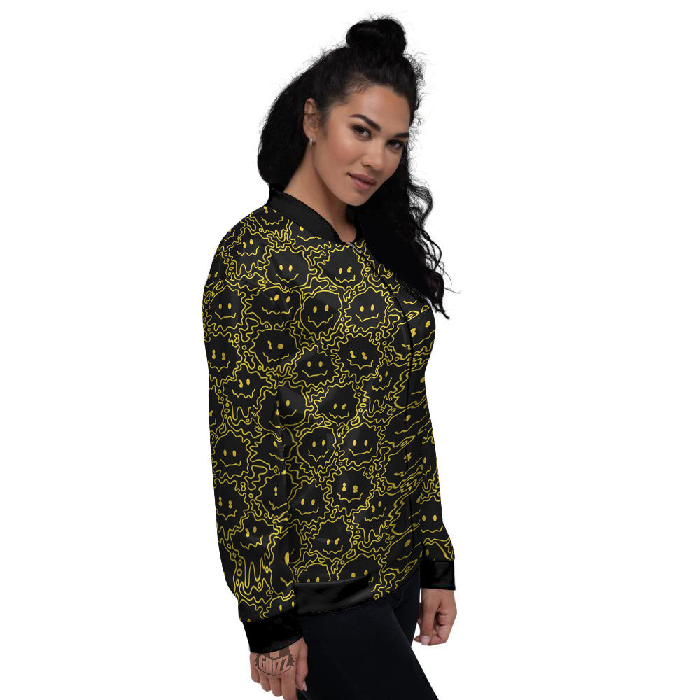 Yellow Crazy Emoji Print Pattern Women's Bomber Jacket-grizzshop