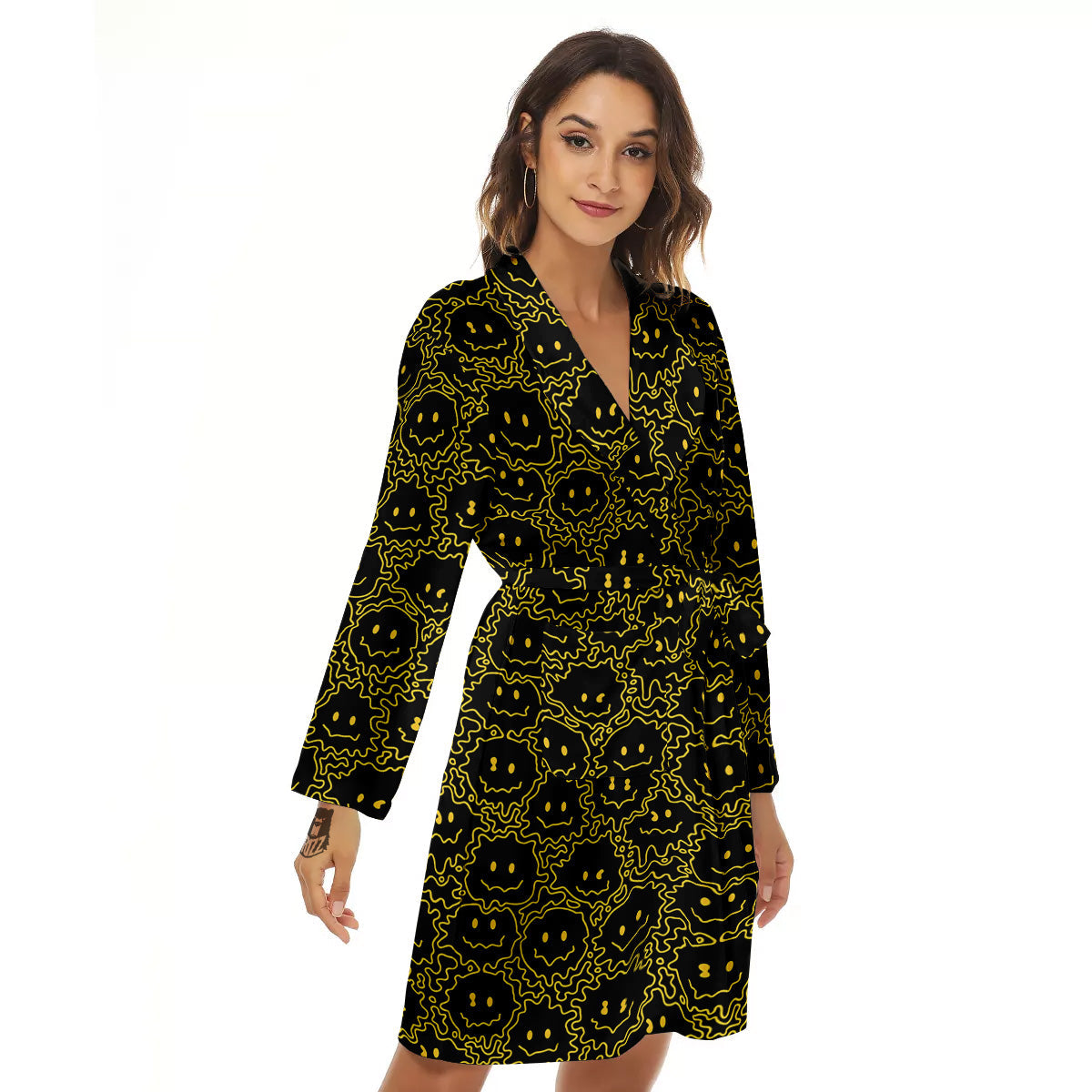 Yellow Crazy Emoji Print Pattern Women's Robe-grizzshop