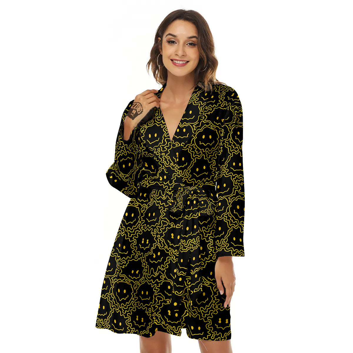 Yellow Crazy Emoji Print Pattern Women's Robe-grizzshop
