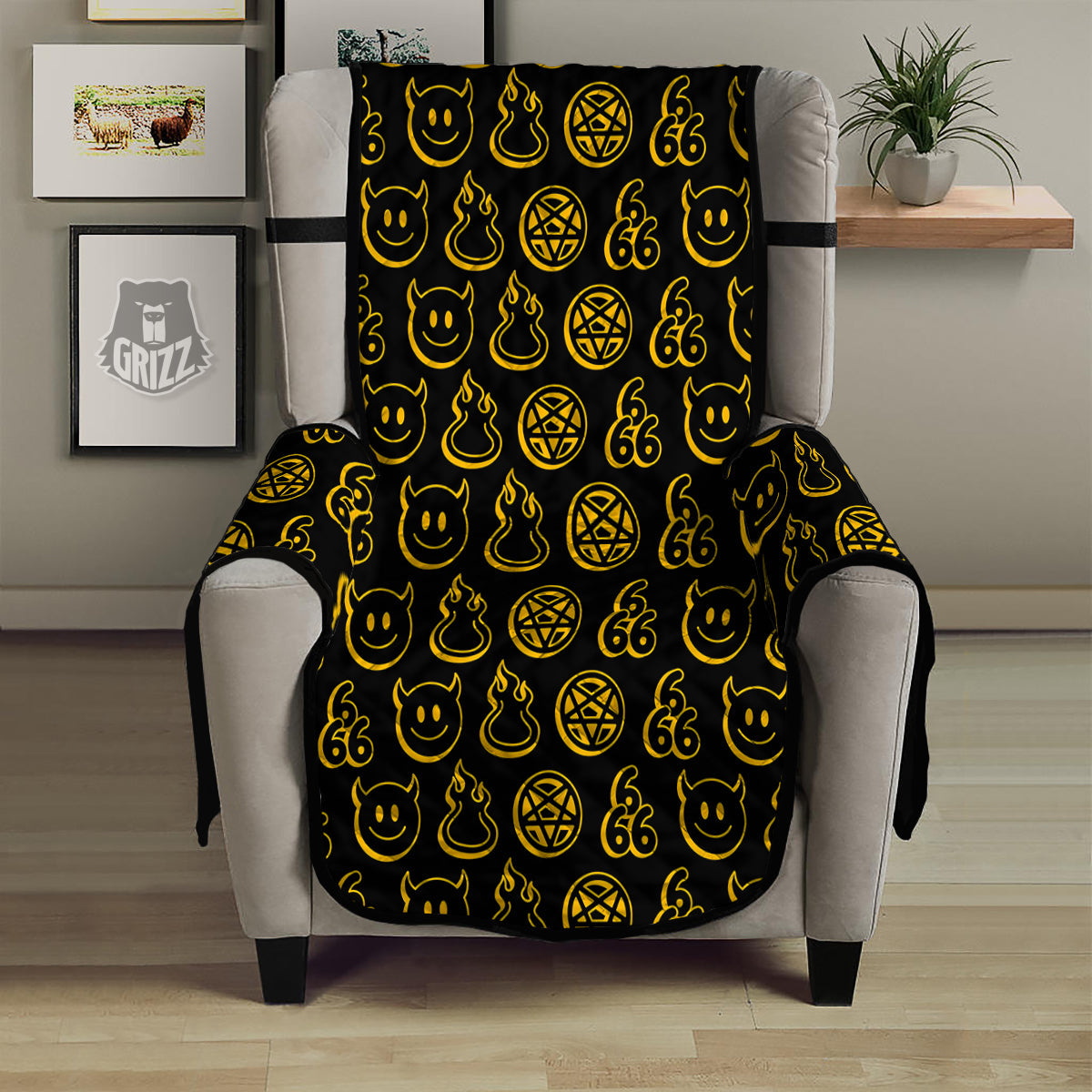 Yellow Demon Smile And Symbol Print Pattern Armchair Protector-grizzshop