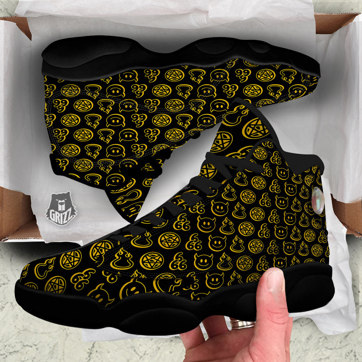 Yellow Demon Smile And Symbol Print Pattern Black Basketball Shoes-grizzshop