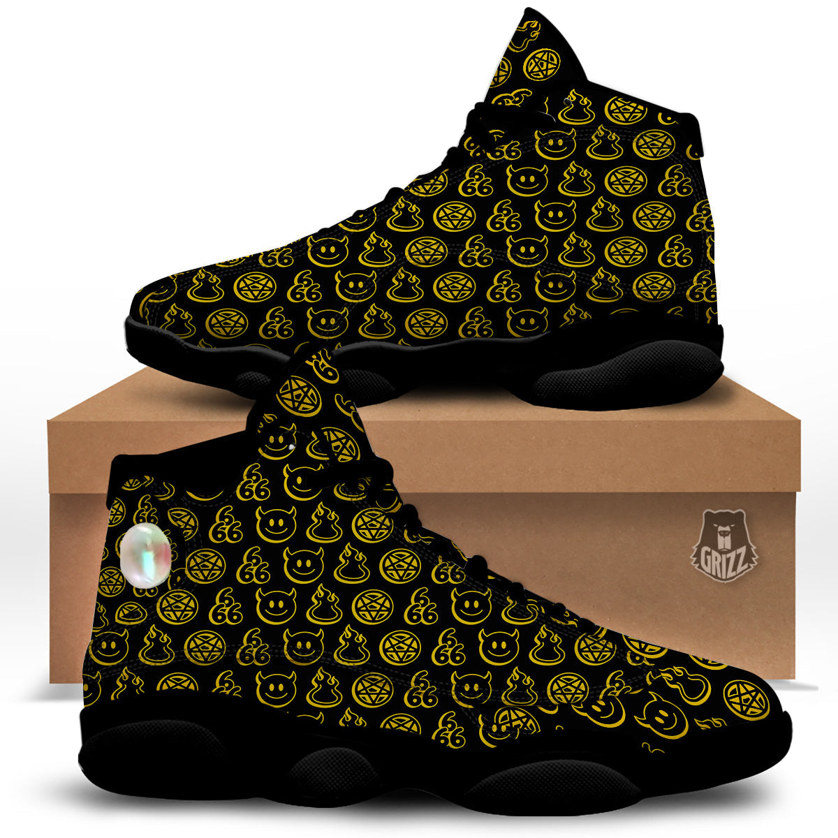 Yellow Demon Smile And Symbol Print Pattern Black Basketball Shoes-grizzshop
