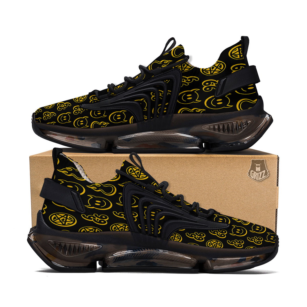 Yellow Demon Smile And Symbol Print Pattern Black Gym Shoes-grizzshop