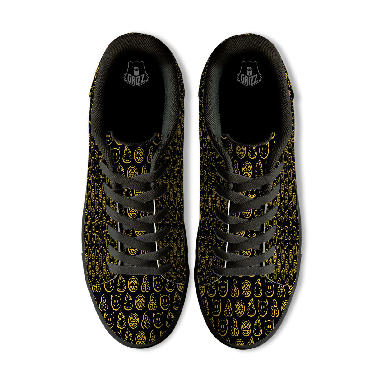 Yellow Demon Smile And Symbol Print Pattern Black Low Top Sneakers-grizzshop