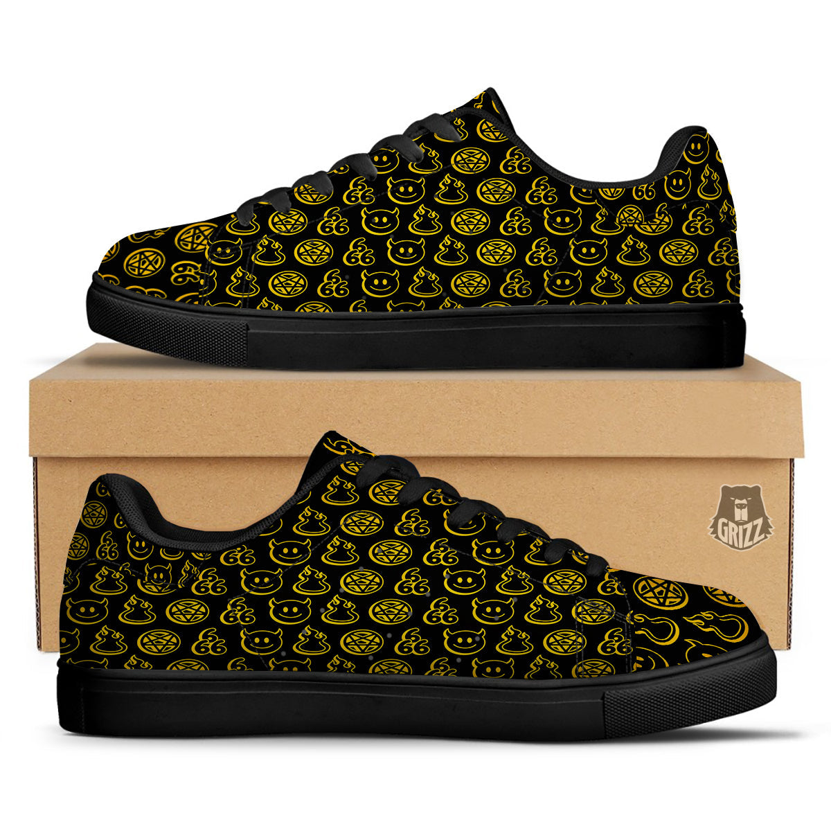 Yellow Demon Smile And Symbol Print Pattern Black Low Top Sneakers-grizzshop