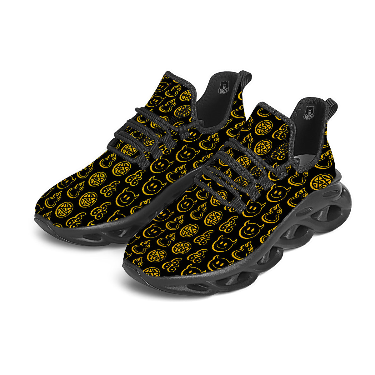 Yellow Demon Smile And Symbol Print Pattern Black Running Shoes-grizzshop