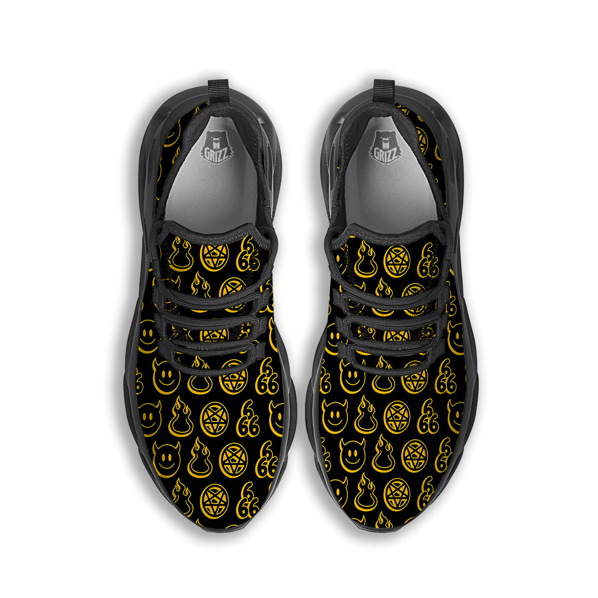 Yellow Demon Smile And Symbol Print Pattern Black Running Shoes-grizzshop