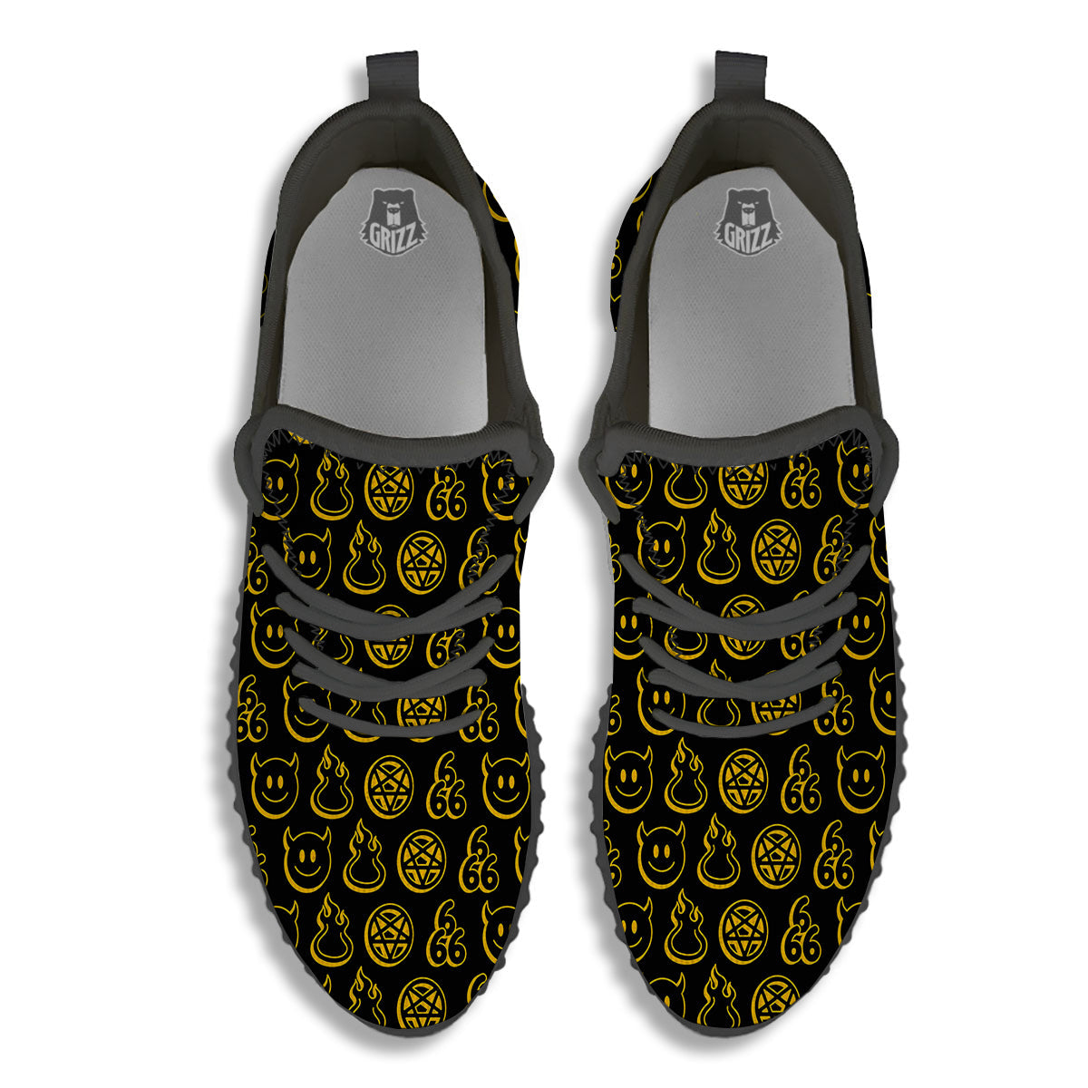 Yellow Demon Smile And Symbol Print Pattern Black Walking Shoes-grizzshop