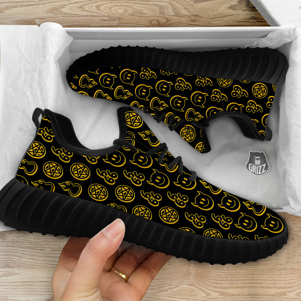 Yellow Demon Smile And Symbol Print Pattern Black Walking Shoes-grizzshop
