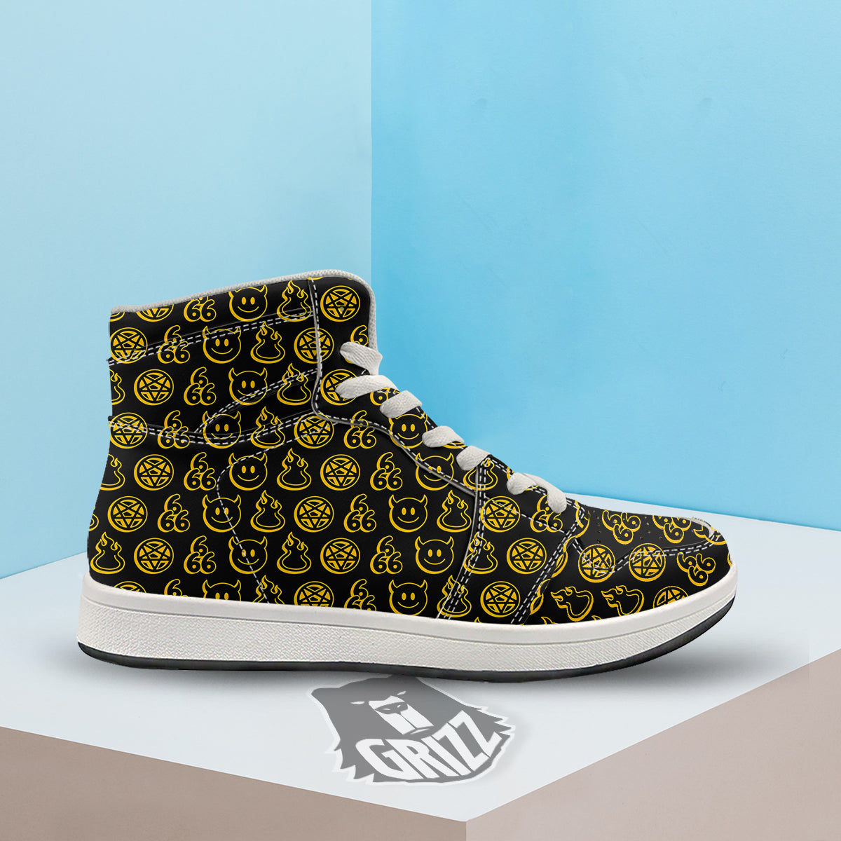 Yellow Demon Smile And Symbol Print Pattern High Top Sneakers-grizzshop