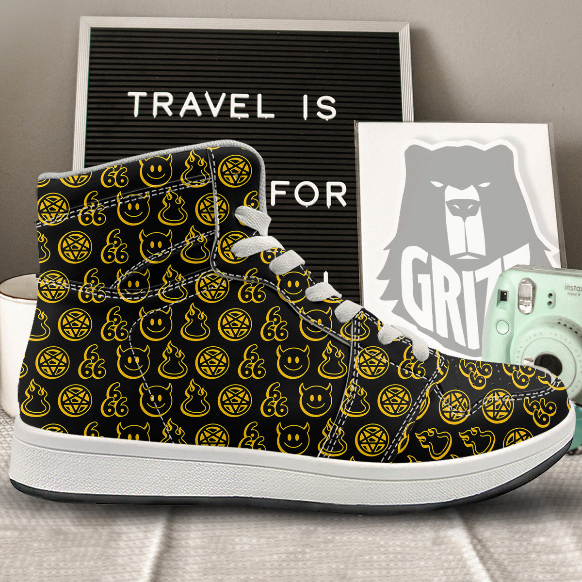 Yellow Demon Smile And Symbol Print Pattern High Top Sneakers-grizzshop